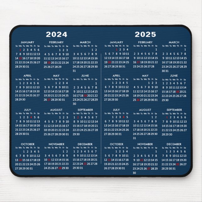 2024-2025 2 Year Calendar Simple Blue US Holidays Mouse Pad (Front)