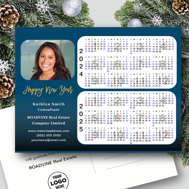 2024 2025 Calendar Modern Gold Blue Business Photo Holiday Postcard (Creator Uploaded)