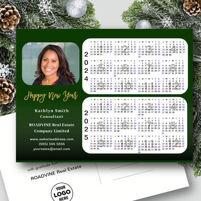 2024 2025 Calendar Modern Green Business Photo Holiday Postcard (Creator Uploaded)