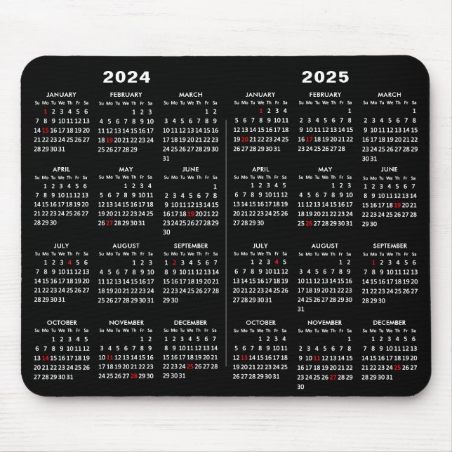 2024 - 2025 Calendar Simple Black with US Holidays Mouse Pad (Front)