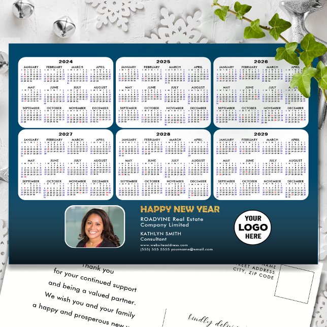 2024 - 2029  6 Year Calendar Modern Blue Corporate Holiday Postcard (Creator Uploaded)