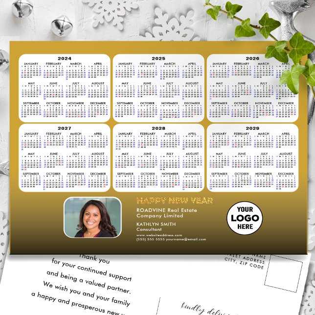 2024 - 2029  6 Year Calendar Modern Gold Corporate Holiday Postcard (Creator Uploaded)