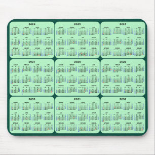 2024 - 2032 Calendar with US Holidays on Green Mouse Pad