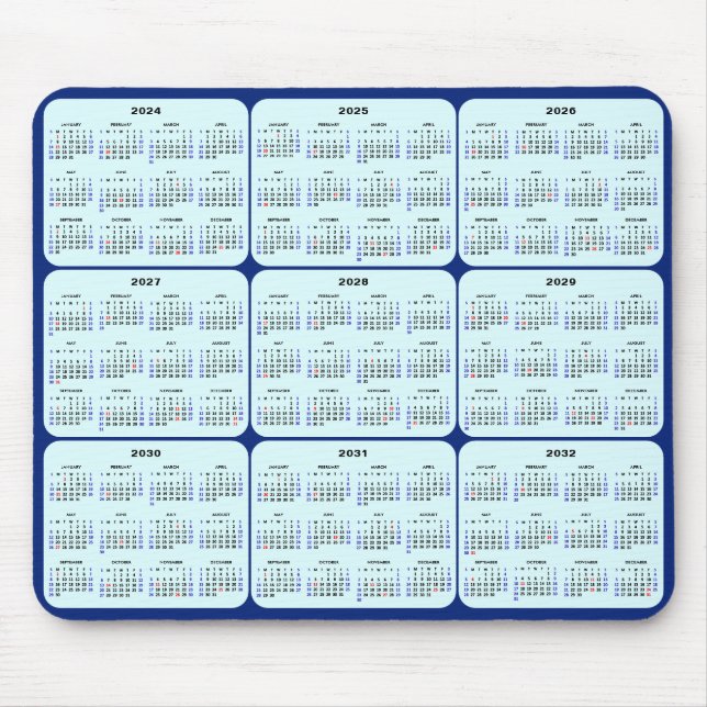 2024 - 2032 Calendar with US Holidays on Navy Blue Mouse Pad (Front)