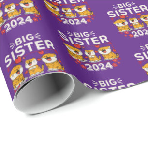 2024 Big Sister Tiger Love Hearts Wrapping Paper