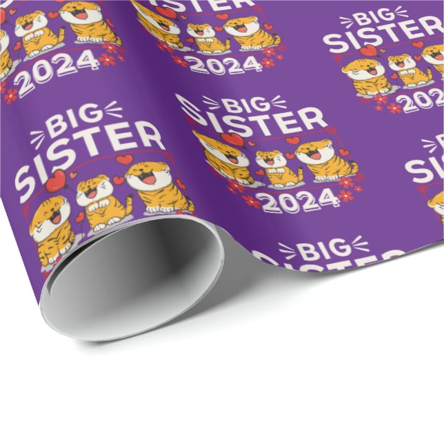 2024 Big Sister Tiger Love Hearts Wrapping Paper (Roll Corner)