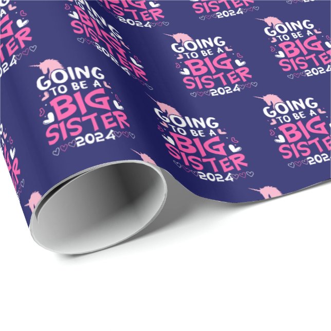 2024 Big Sister Unicorn Hearts Wrapping Paper (Roll Corner)