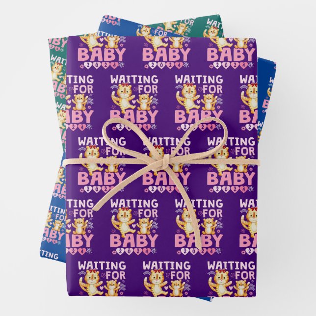 2024 Big Sister Waiting for Baby Cute Tigers Wrapping Paper Sheet (In situ)
