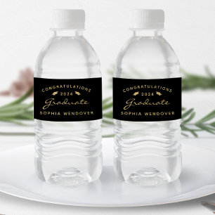 2024 Black Gold Script Cap Graduation Water Bottle Label