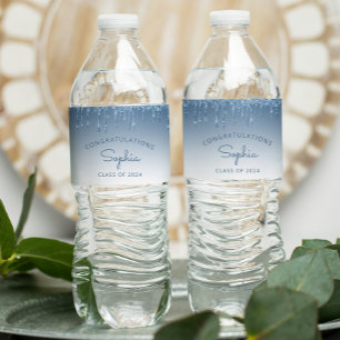 2024 Blue Glitter Drip Graduation Party Water Bottle Label