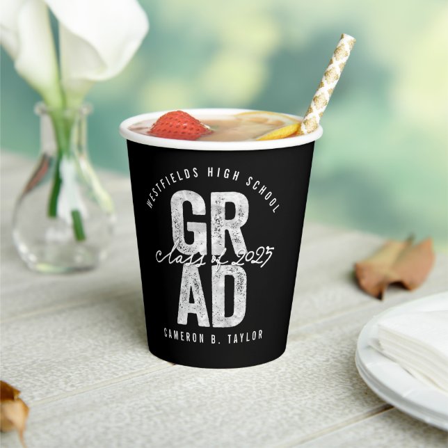 2024 Bold GRAD Silver Foil Modern Graduation Party Paper Cups (Insitu)