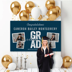 2024 Bold Silver GRAD 4 Photo Graduation Party Banner