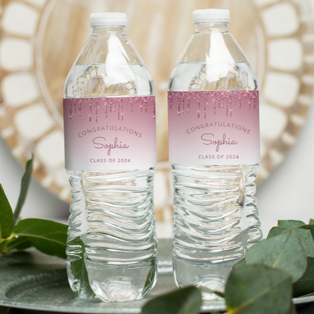 2024 Burgundy Glitter Drip Graduation Party Water Bottle Label (Creator Uploaded)