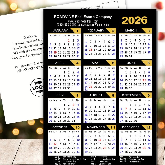 2024 Business Calendar with US Holidays Gold Black Holiday Postcard (Creator Uploaded)