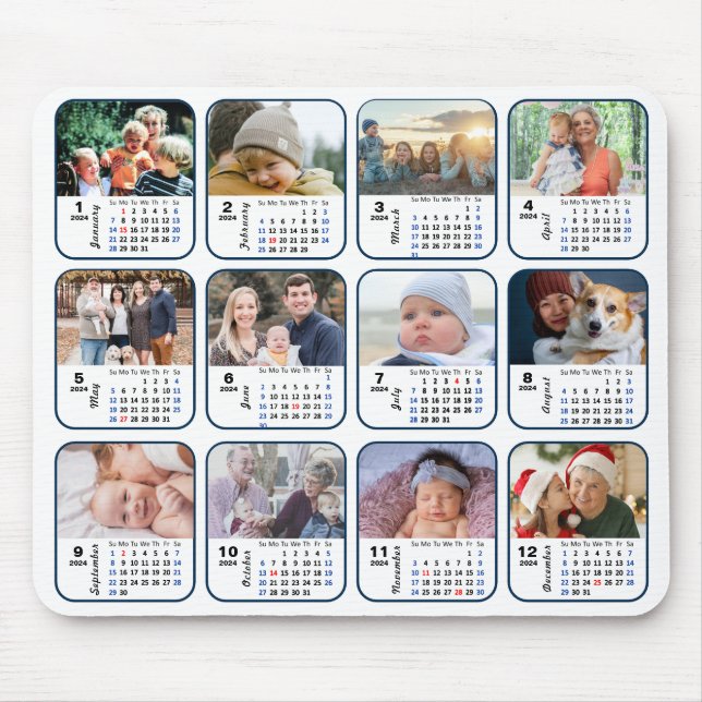 2024 Calendar 12 Family Photo Collage US Holidays  Mouse Pad (Front)