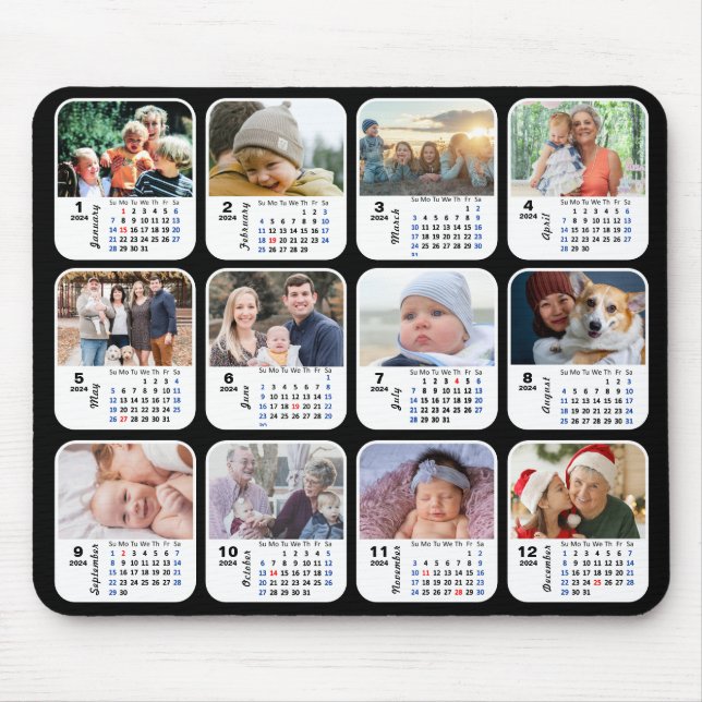 2024 Calendar 12 Family Photo Collage US Holidays  Mouse Pad (Front)