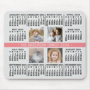 2024 Calendar 4 Custom Photo Name Grey Coral Black Mouse Pad