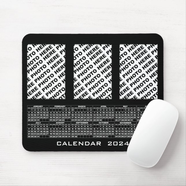2024 Calendar Add 3 Vertical Photos Mousepad Black (With Mouse)