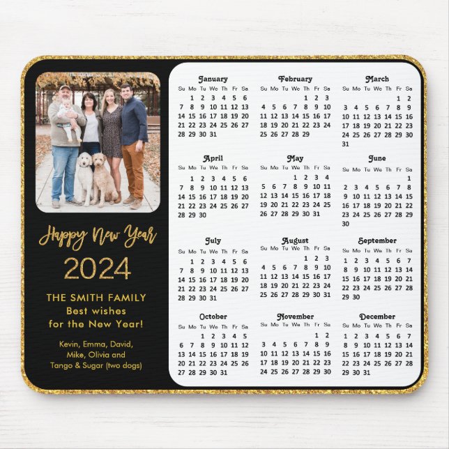 2024 Calendar Black Gold Glitter Family Photo Mouse Pad (Front)