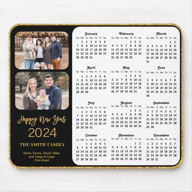 2024 Calendar Black Gold Script 2 Family Photo  Mouse Pad (Front)