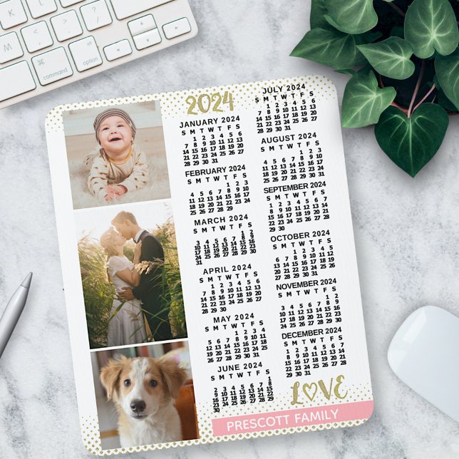 2024 Calendar Blush Pink Gold Family Photo Collage Mouse Pad (Creator Uploaded)