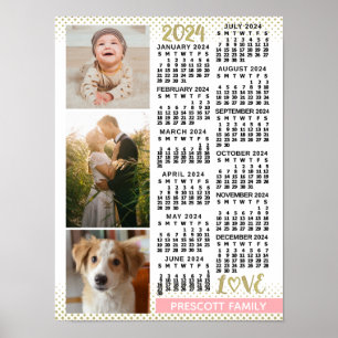 2024 Calendar Blush Pink Gold Family Photo Collage Poster
