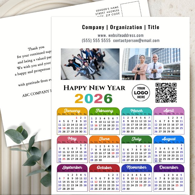 2024 Calendar Business 2 Photo Logo QR Code Colour Holiday Postcard (Creator Uploaded)