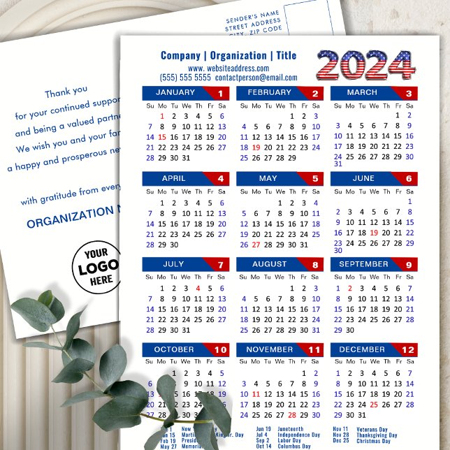 2024 Calendar Business Logo US Patriotic Blue Red Holiday Postcard (Creator Uploaded)