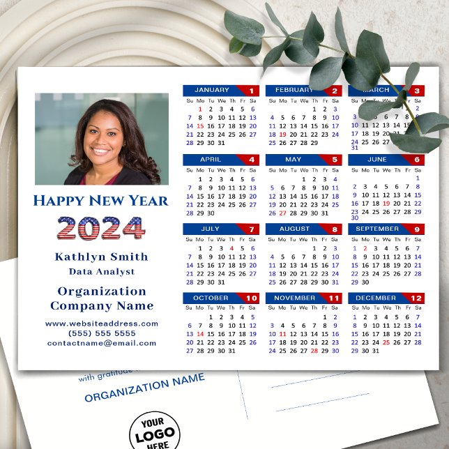 2024 Calendar Business Logo US Patriotic Blue Red Holiday Postcard (Creator Uploaded)