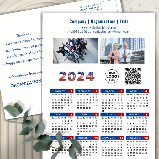 2024 Calendar Business Logo US Patriotic Blue Red Holiday Postcard (Creator Uploaded)