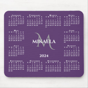 2024 Calendar Chic Monogram Name on Purple Mouse Pad
