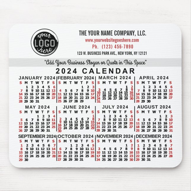 2024 Calendar Custom Business Logo Name White Red Mouse Pad (Front)