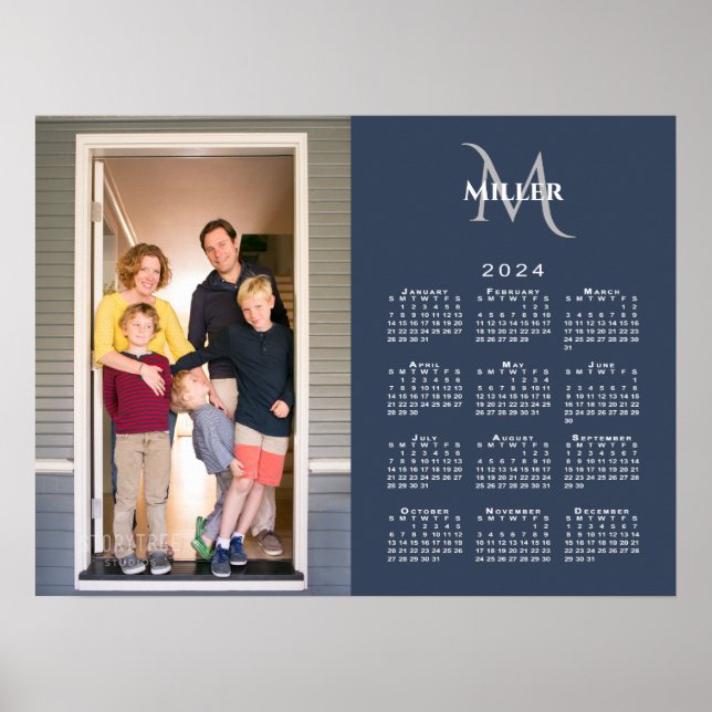 2024 Calendar Custom Photo Monogram Name Navy Blue Poster (Front)