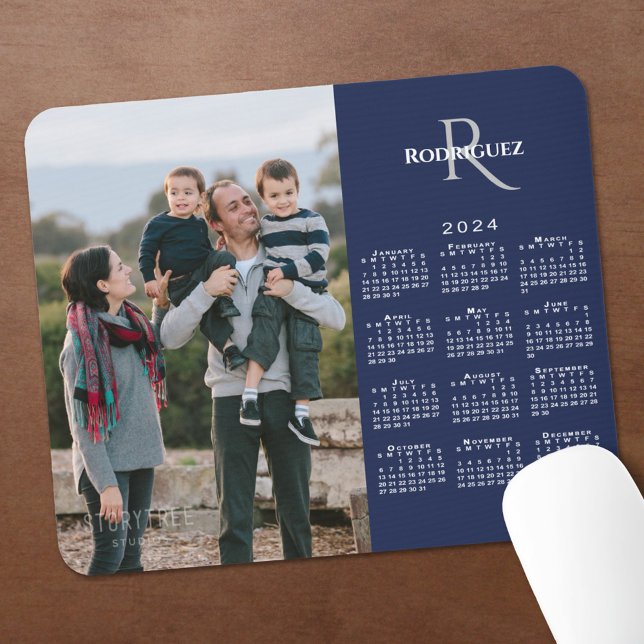 2024 Calendar Custom Photo Monogram Name Navy Mouse Pad (2024 Calendar Custom Photo and Monogram Navy Mouse Pad In Situ)