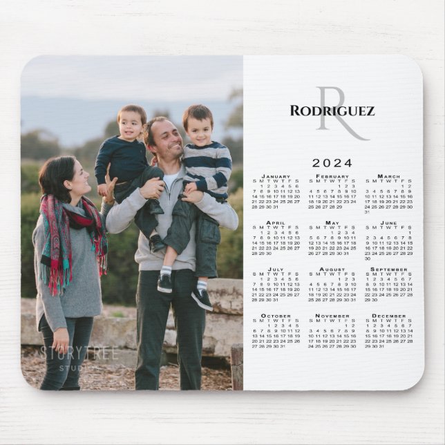 2024 Calendar Custom Photo Monogram Name on White Mouse Pad (Front)