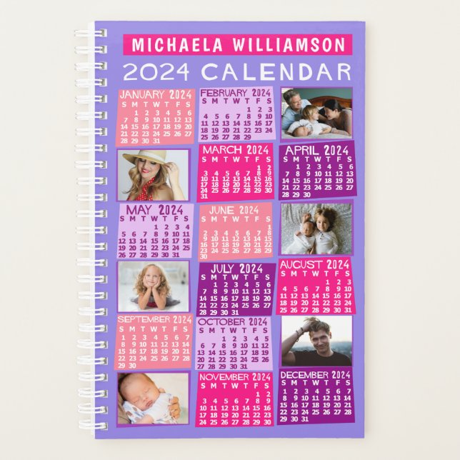2024 Calendar Cute Mod 12 Photo Collage Name Small Planner (Front)
