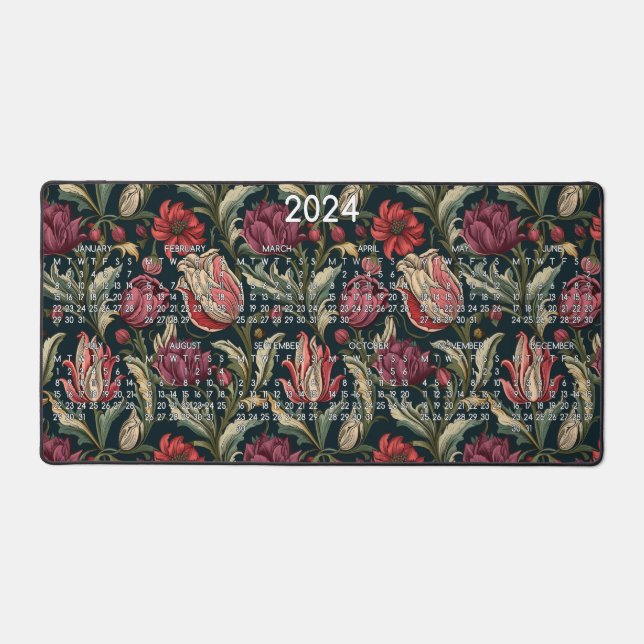 2024 Calendar Flowers Floral Background Pattern Desk Mat (Front)