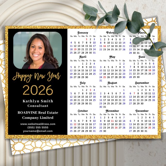2024 Calendar Gold Glitter Business Photo New Year Holiday Card (Creator Uploaded)