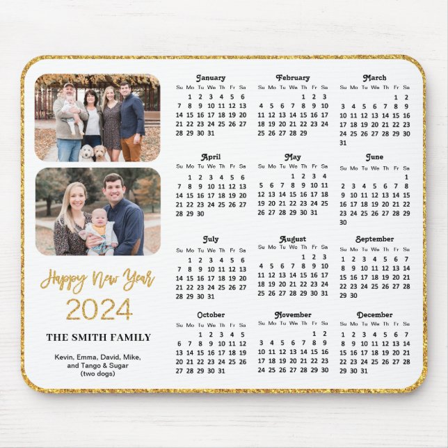 2024 Calendar Gold Glitter Script 2 Family Photo  Mouse Pad (Front)