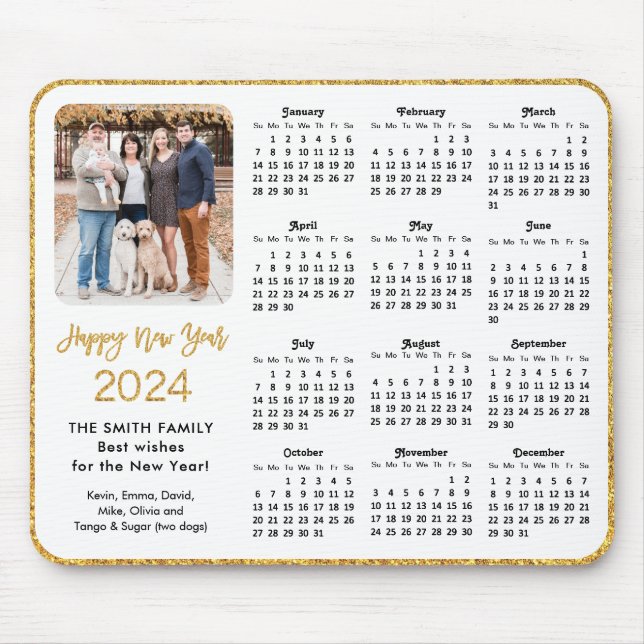 2024 Calendar Gold Glitter Script Family Photo Mouse Pad (Front)