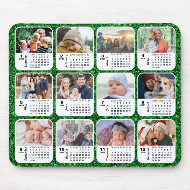 2024 Calendar Green Glitter Family Photo Collage Mouse Pad (Front)