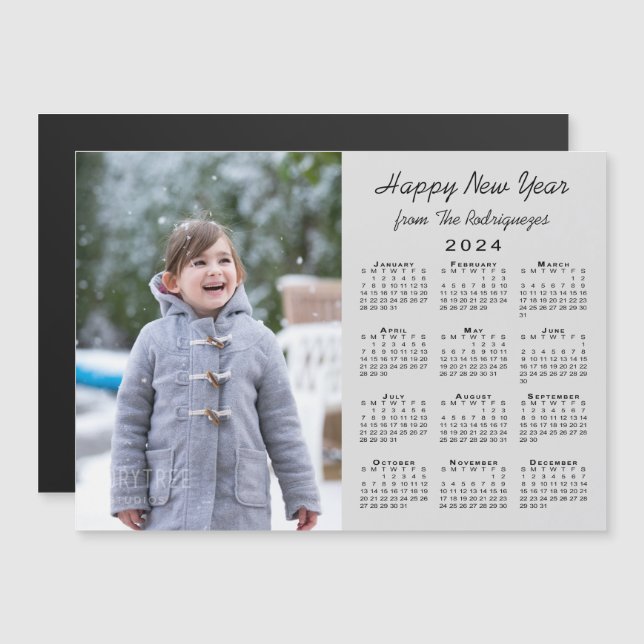 2024 Calendar Happy New Year Photo Grey Magnet (Front/Back)