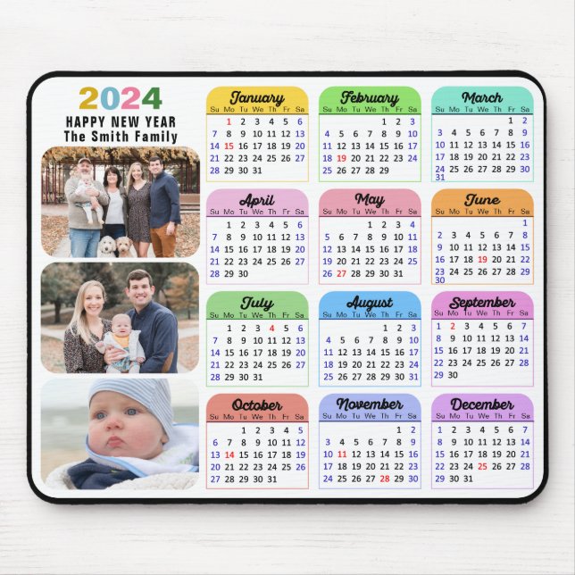 2024 Calendar Minimalist 3 Family Photo Colourful  Mouse Pad (Front)