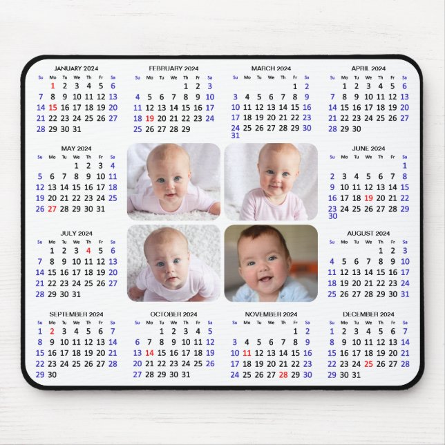 2024 Calendar Modern Black 4 Family Photo Simple Mouse Pad (Front)