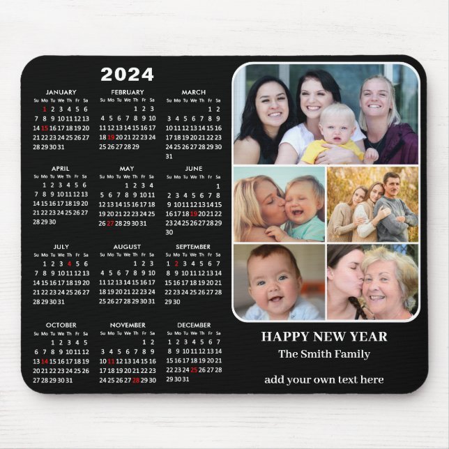 2024 Calendar Modern Black 5 Family Photo Collage Mouse Pad (Front)