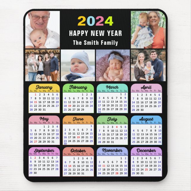 2024 Calendar Modern Black 6 Family Photo Collage  Mouse Pad (Front)