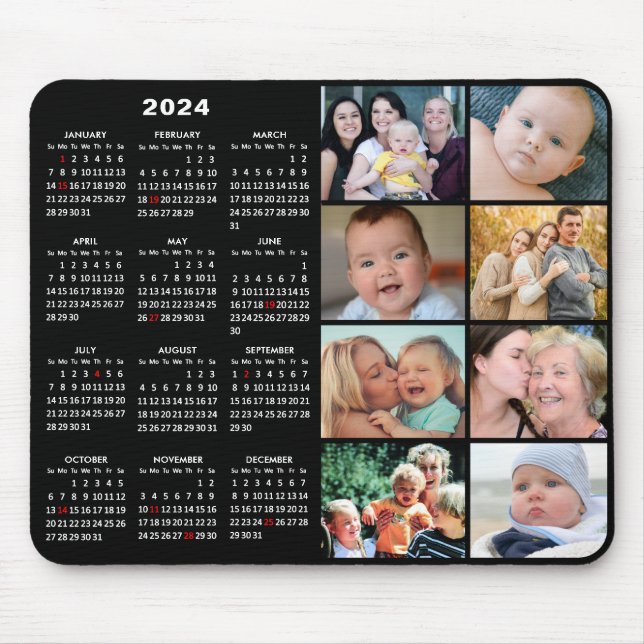 2024 Calendar Modern Black 8 Family Photo Collage Mouse Pad (Front)