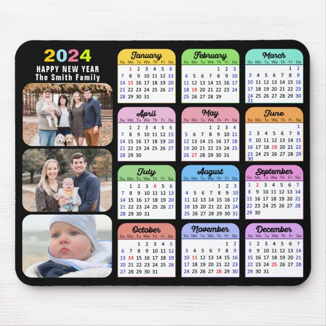 2024 Calendar Modern Black Family Photo Colourful  Mouse Pad (Front)