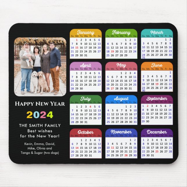 2024 Calendar Modern Black Family Photo Colourful  Mouse Pad (Front)