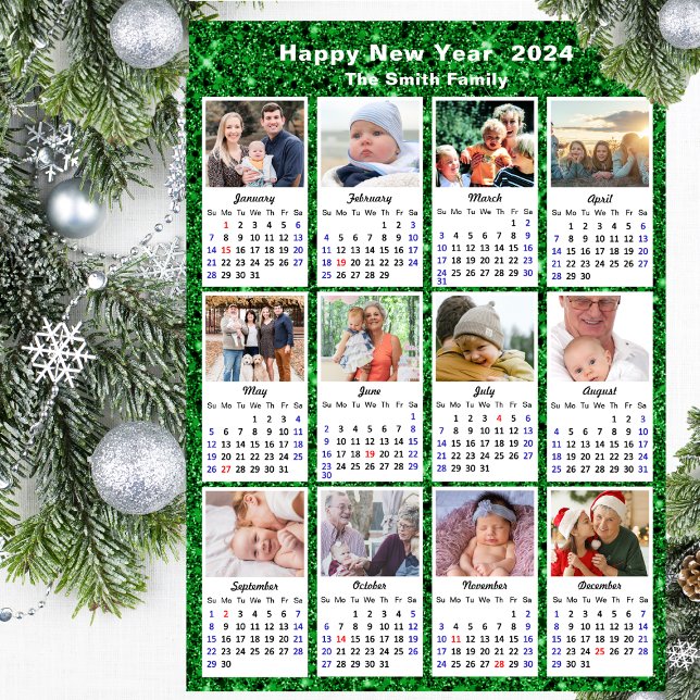 2024 Calendar Modern Family 12 Photo Festive Green Holiday Card (Creator Uploaded)